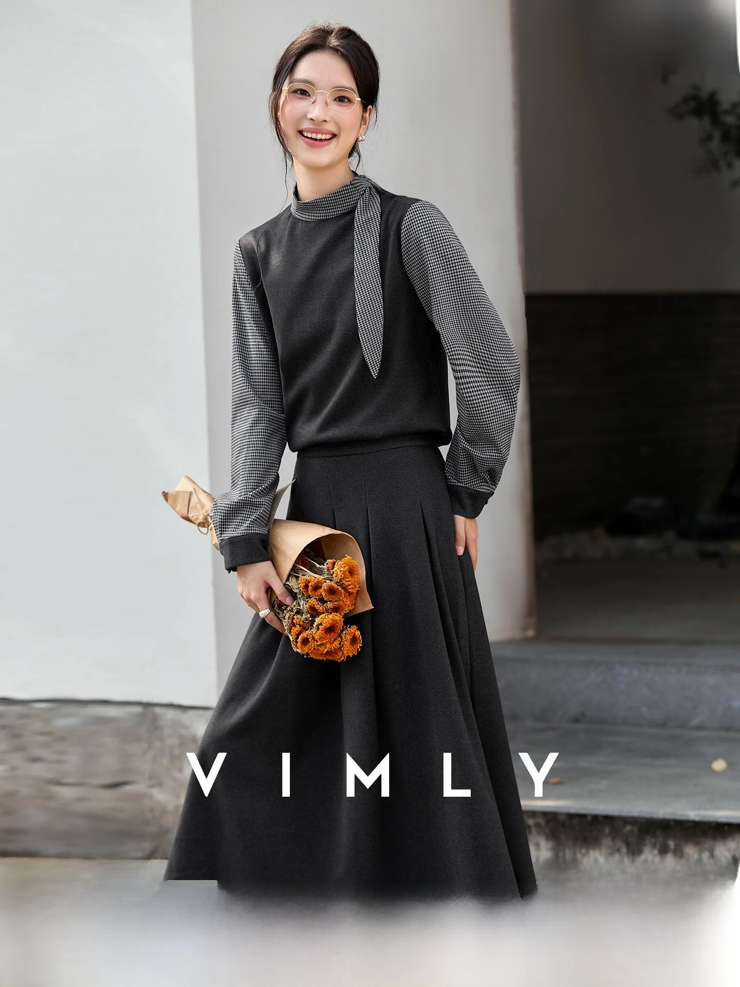 

Ele Commuter Sle Two-Piece Set Women's Stand Collar Long Sve irt And f-length Skirt Autumn Collection