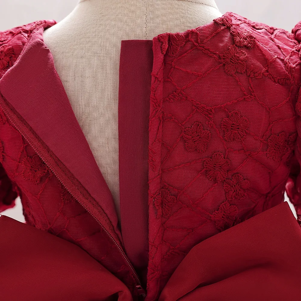 فستان أحمر للأطفال ليلة رأس السنة ملابس فتاة بأكمام منتفخة وفيونكة فستان شبكي متعدد الطبقات فستان كعكة منفوش مجموعة عيد ميلاد بعمر سنة واحدة