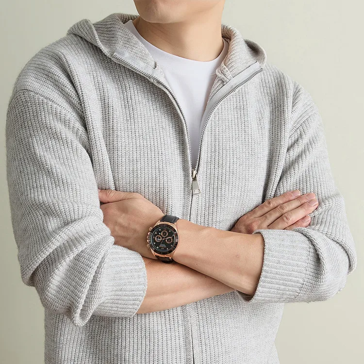 Herren-Strickjacke mit Kapuze und Reißverschluss, lässiger, locker geschnittener Pullover im Old-Money-Stil – Detail 13