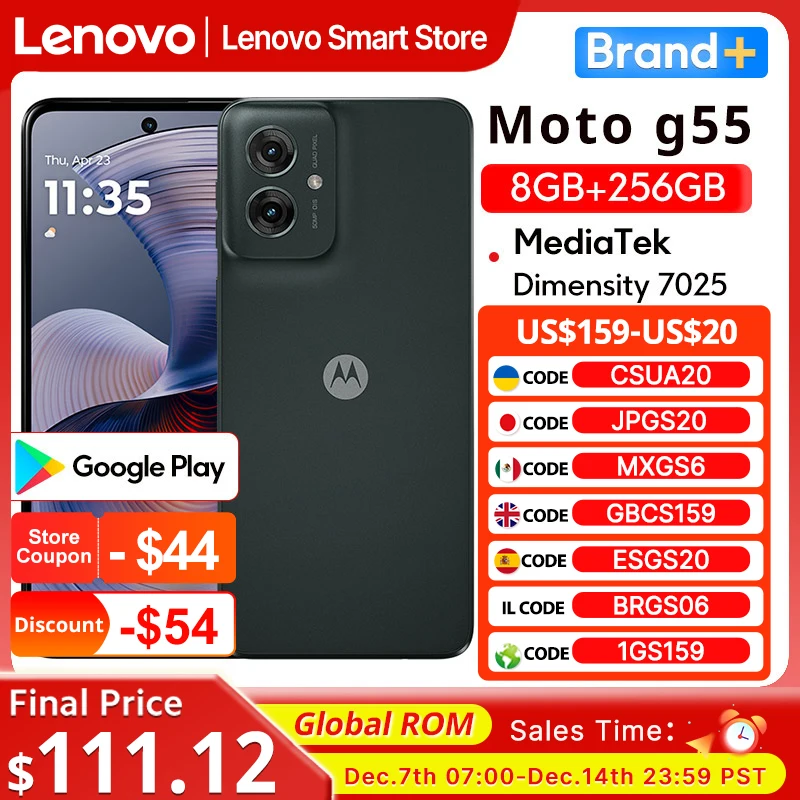 Motorola MOTO G55 スマートフォン グローバルROM 純正 6.5インチ 256GB 120Hzディスプレイ MediaTek Dimensity 7025 CPU 50MP 携帯電話