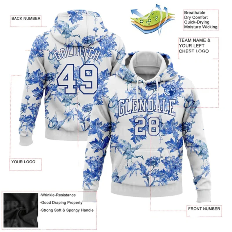 Custom White Royal Design Heron And Flower Sports Pullover Sweatshirt Hoodie 3D Printed Sports Pullover Sweatshirt Hoodie