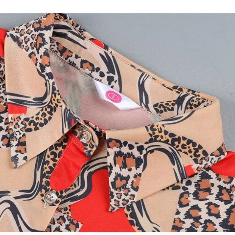 Spring and Autumn Women's Polo Collar Single Breasted Leopard Pattern Dot Geometry Contrast Color Long Sleeve Cardigan Tops