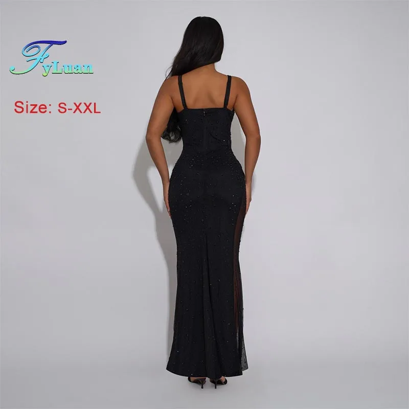فستان عشاء أسود نحيف للنساء فستان طويل مثير أنيق بحمالات فستان ذيل السمكة الماسي الساخن موضة بقماش شفاف فستان ماكسي للسيدات #3