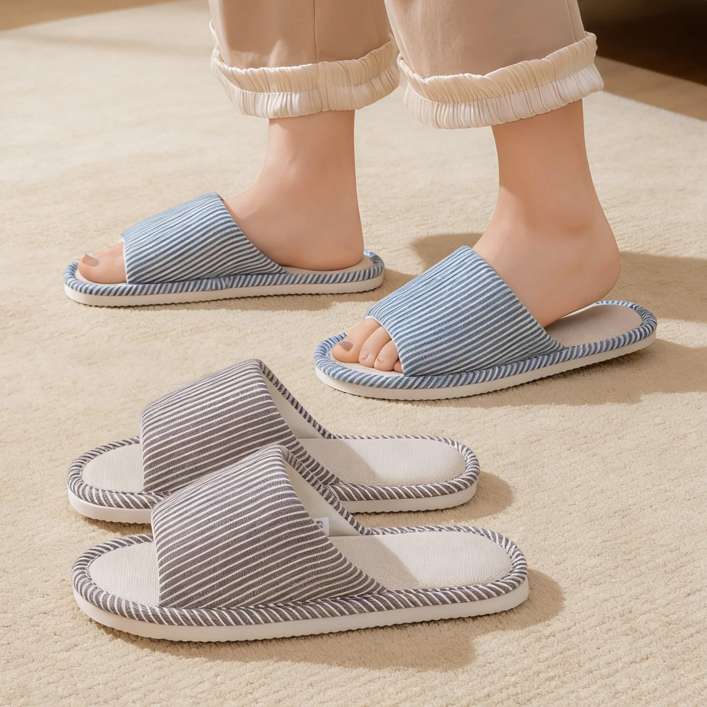 Men's Slip-Resistant Linen Slippers Spring Summer Breathable House Shoes for Indoor Use, Non-Slip Stripe Design with Open Toe