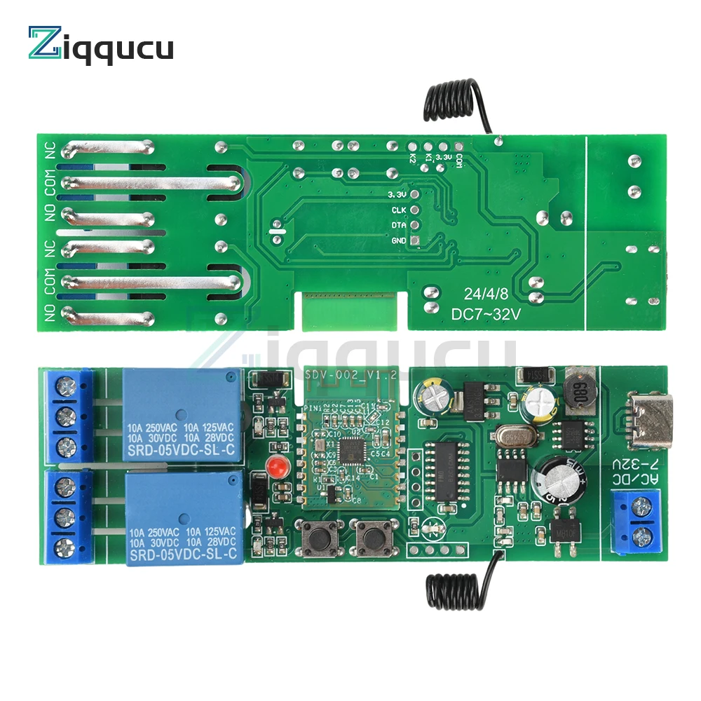 

AC/DC 7-32V/Type-C 5V 2-CH BT WIFI Relay Switch Module Jog Inching Self-Locking Module Supports 433Mhz RF Remote Control