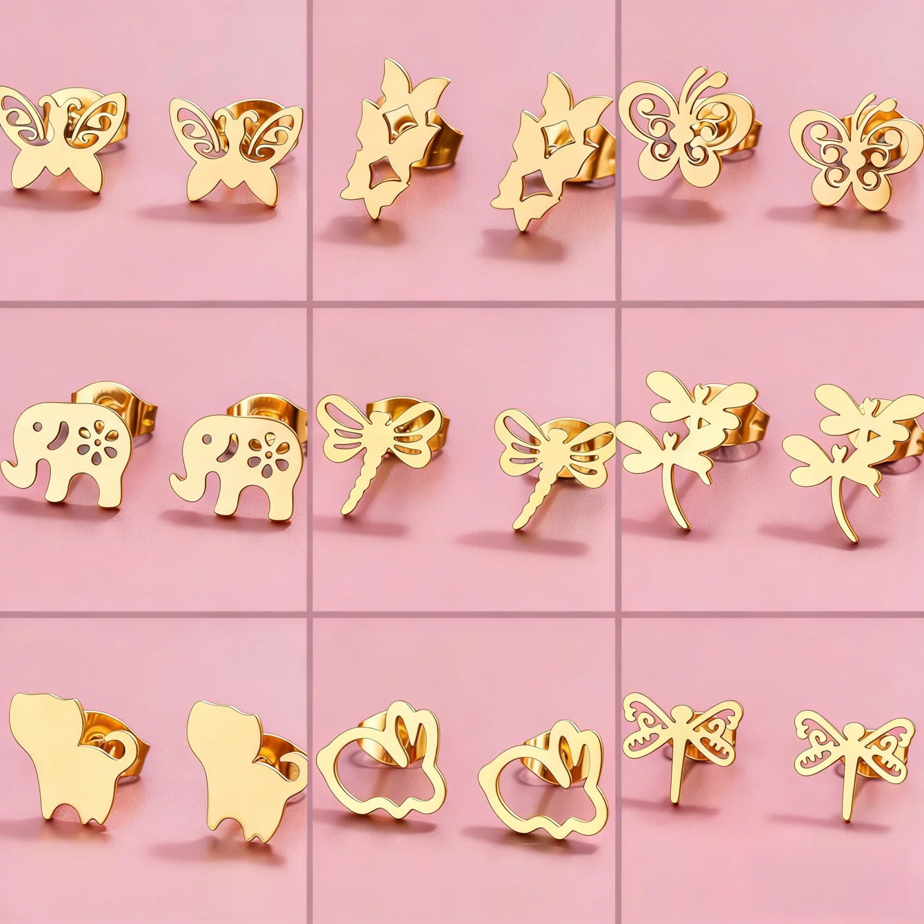 9Pairs Fashion Animal Stainless Steel Stud Earrings For Women Mix Style Simple Trendy Butterfly Rabbit Ear Party Gifts Jewelry