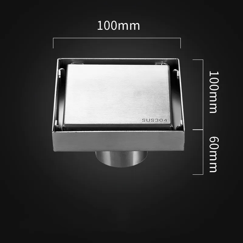 Square Shower Drain 10cm Brushed Tiled Insert Grate 304 Stainless Steel with Hair Strainer Stainless Drain for Bathroom