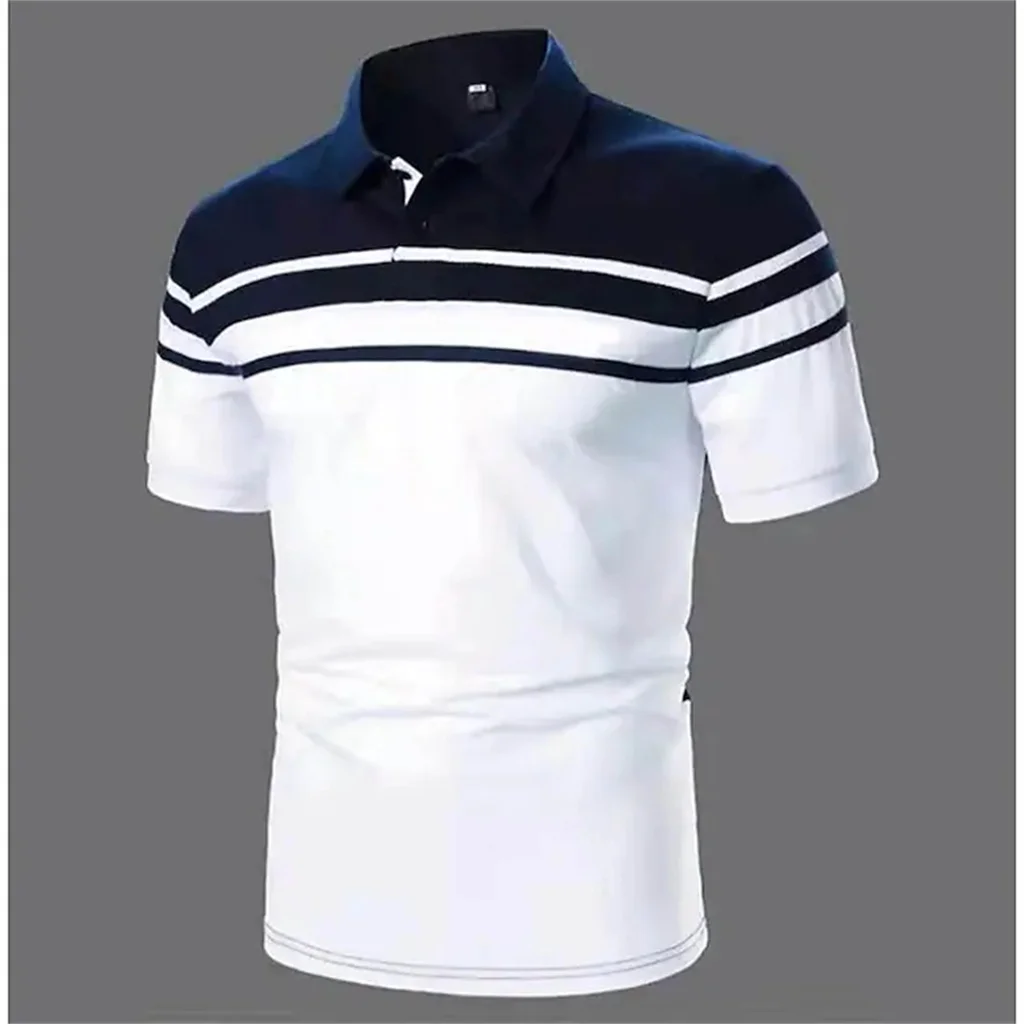 

Business Casual Men's Polo Lapel Button Tee Simple Stripes Printed Summer Short-Sleeve Pullover Fashion Street Oversized Clothes