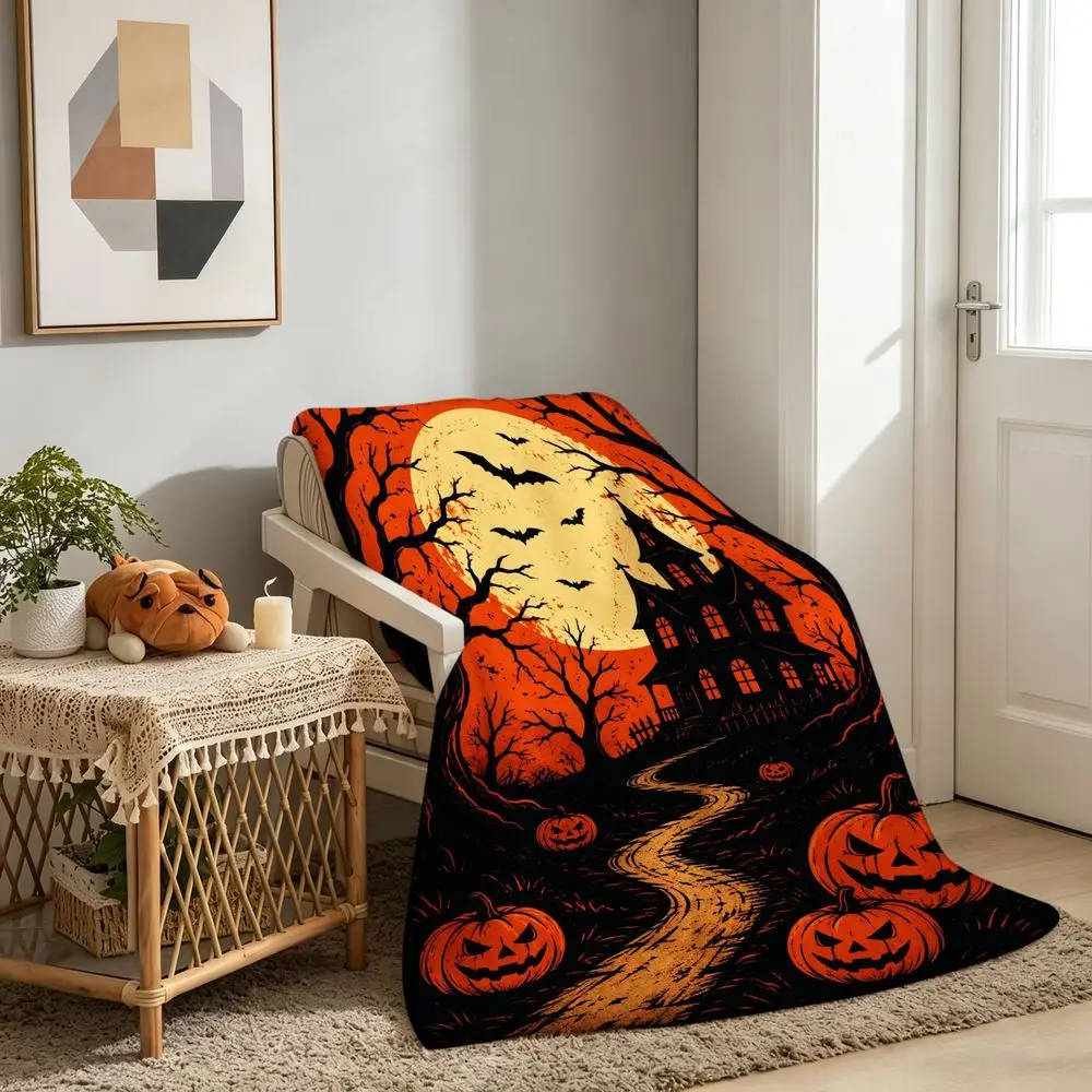 Halloween Haunted House Flannel Throw Blanket with Moon Bats Jack O Lanterns And Spooky Trees Soft Lightweight Cozy Blanket for Sofa Bed Travel Camping Home Decor Gift
