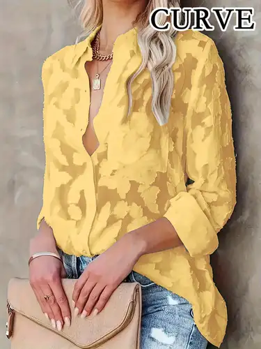 Camisa de manga larga de talla grande 1XL-5XL para mujer, camisa de gasa Jacquard con temperamento para ir al trabajo, ropa de playa semitransparente