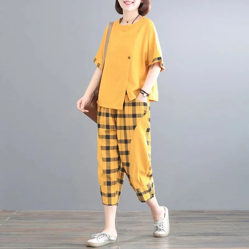 

Spring Summer Ladies Top Leisure Wide Leg Pants Outfit 2025 Female Irregular Grid 2PCS Korean Women Short Sleeve Two-piece Suit
