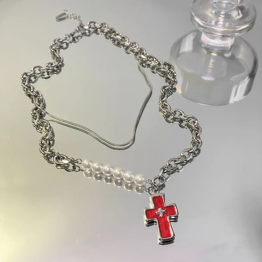 التيتانيوم الصلب الصليب الحب قلادة مع فو اللؤلؤ سلسلة قلادة هدايا عيد الميلاد سترة سلسلة للنساء الفتيات مع صندوق هدية #4