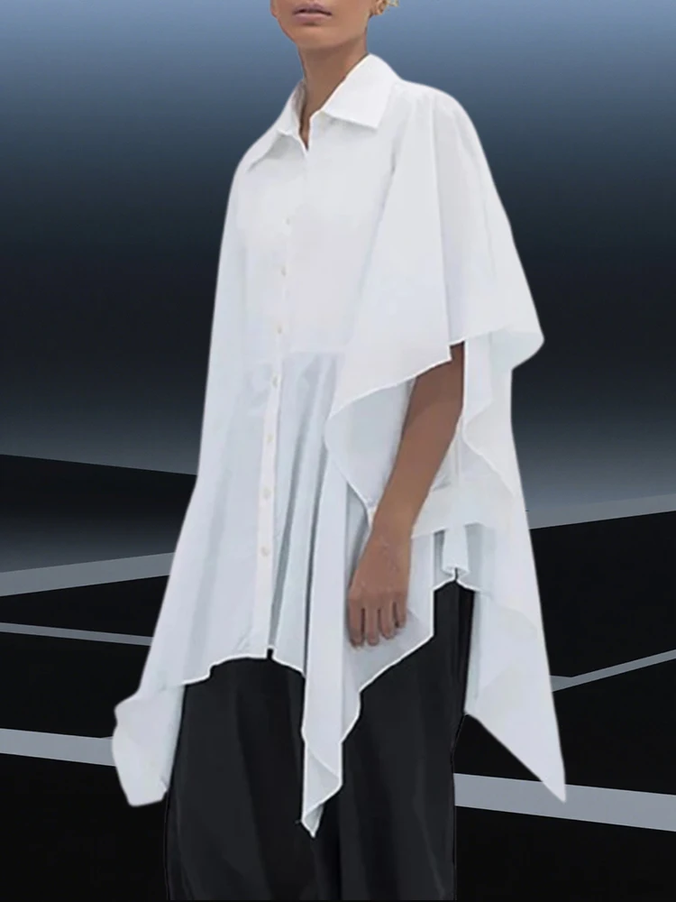 

Gymystars Summer White Shirts for Women Flared Sleeves Blouses 2025 New Half Sleeves Irregular Loose Lapel Shirts Office Tops
