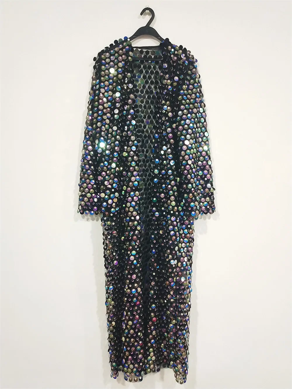 

Mesh Sparkly Sequins Long Coat Carnival Party Model Walk Show Cloak Overcoat Performance Clothes Nightclub Bar DJ Dance Costume