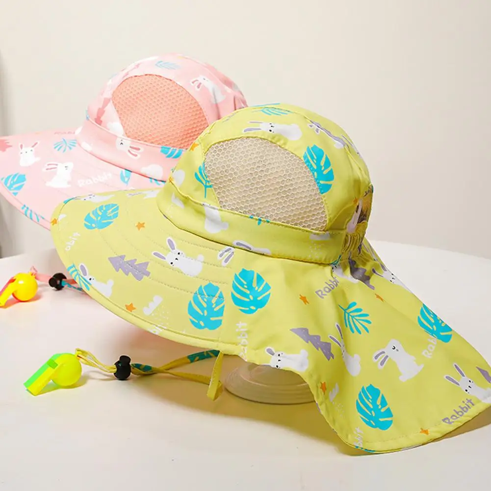 Summer Kids Bucket Hat With Whistle Cute Cartoon Breathable Sun Cap Outdoor UV Protection Panama Hat Toddler Beach Cap