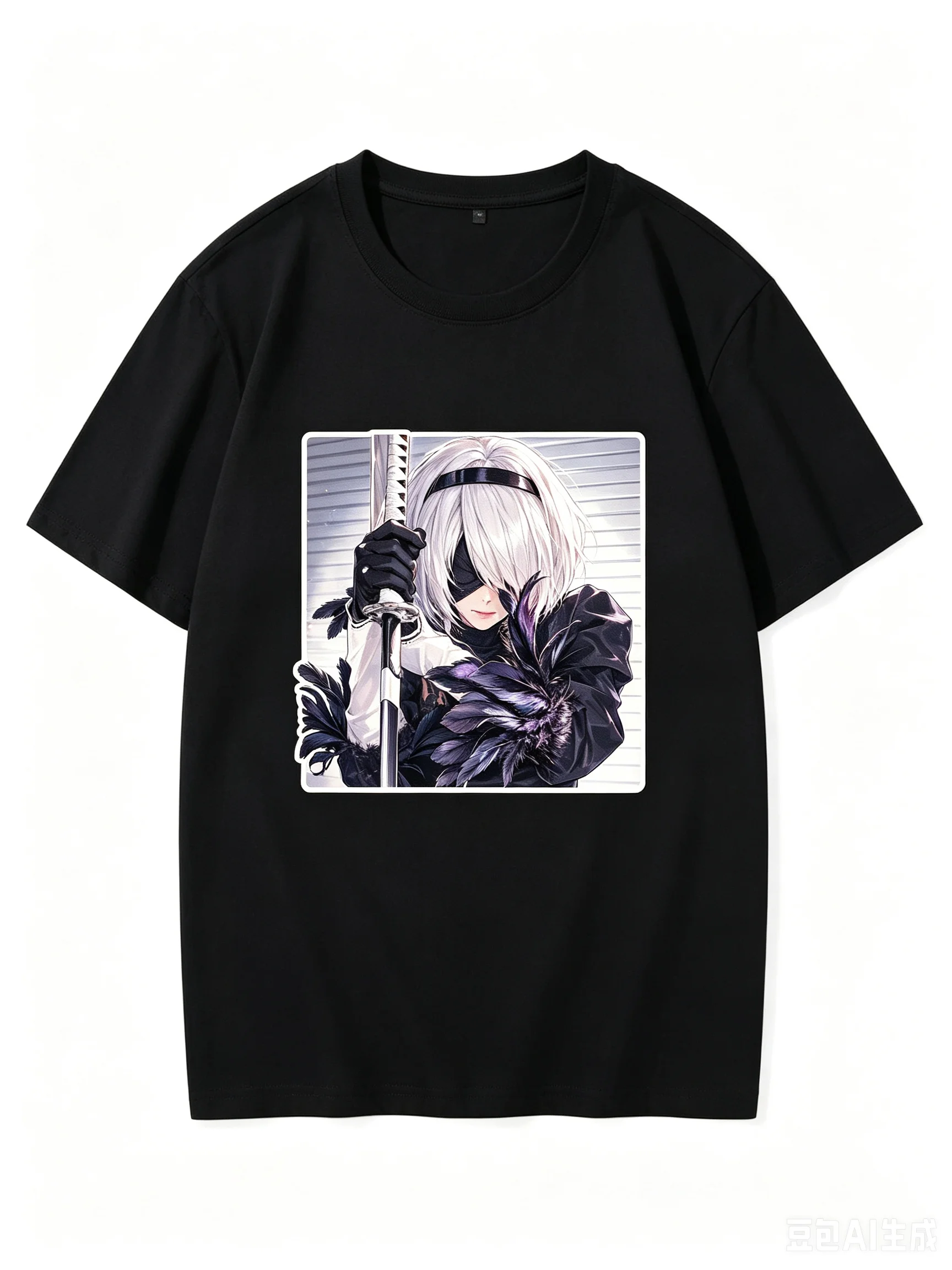 2026 New Unisex Crew Neck Casual Short Sleeve T-Shirt With Blindfolded Sword Gripping 2B Square Frame Anime Print T-Shirt