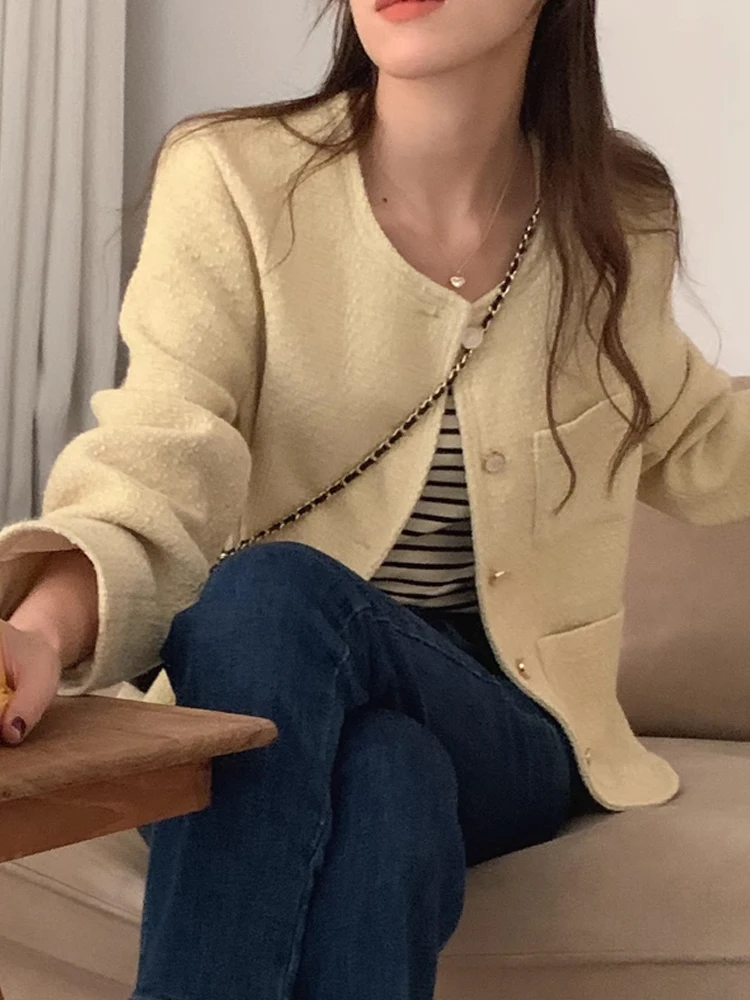 

ort Coat Women's Autumn Winter Elegance round Ne Single Button Thi Tweed ort Outerwear Long Sve Top