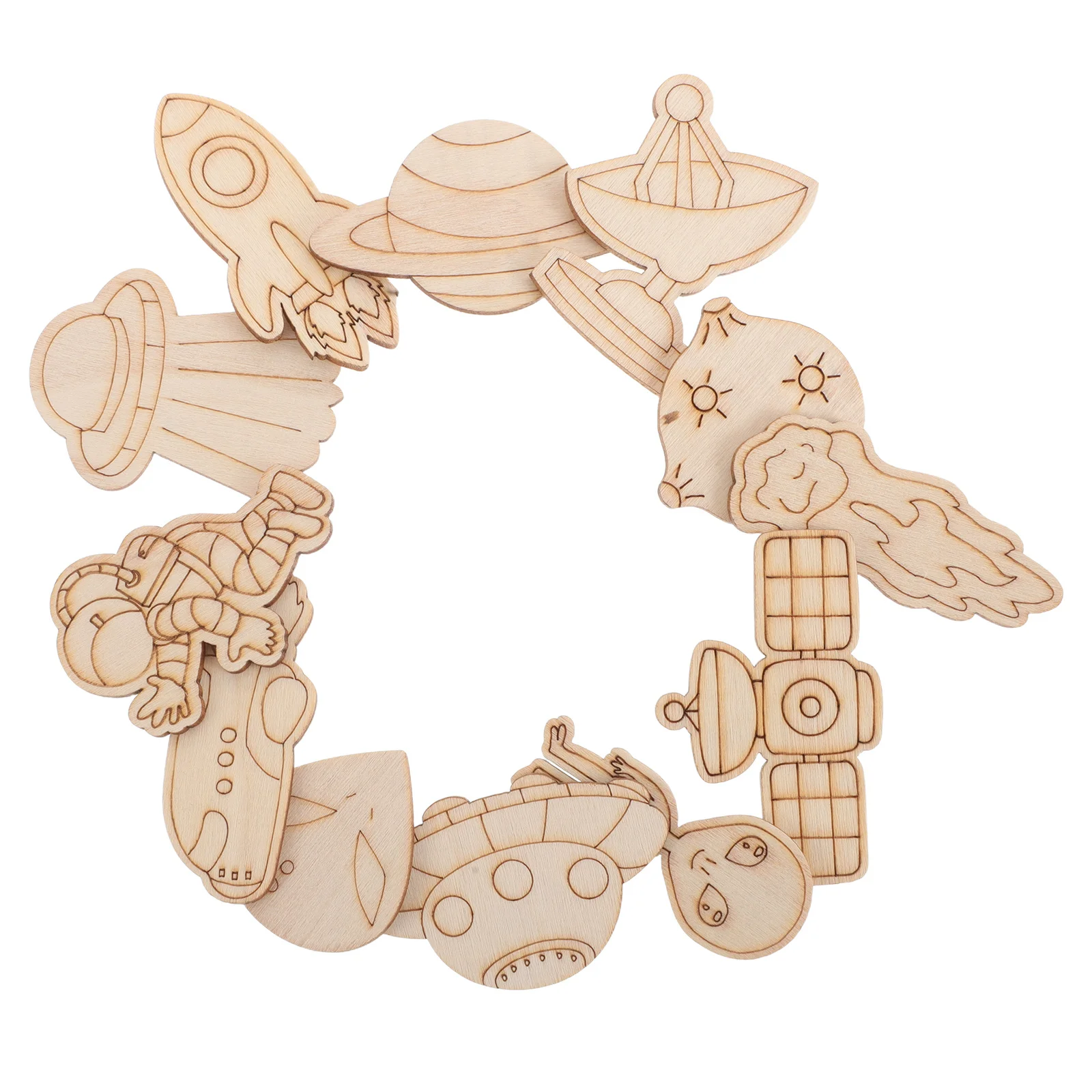 100Pcs Space Craft Kit Blank Spaceship Wooden Cutouts DIY Painting Set Kids Room Decor Astronaut Planet Alien Space Theme Party