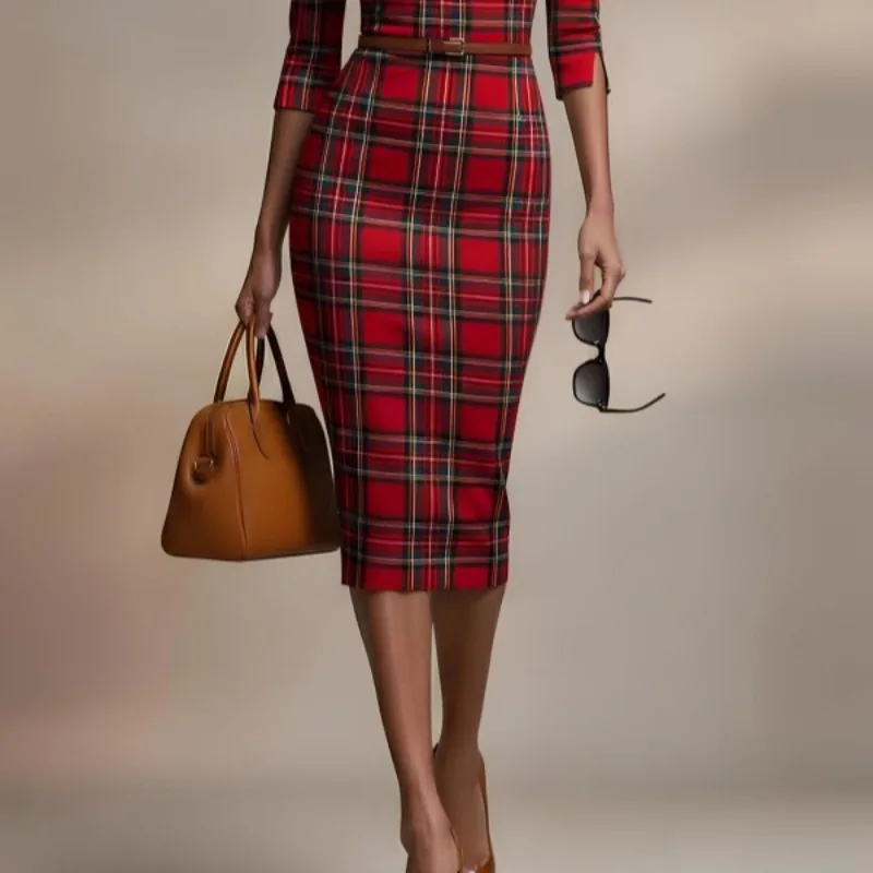 T Sigur Weihnachten Plaid Damen Kleid 2025, neue Vintage, figurbetont, O-Ausschnitt, halbe Ärmel, elegante Abendparty-Kleider mit Gürtel 195438