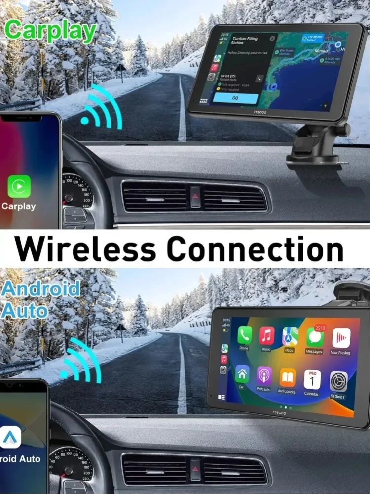 ESSGOO 7" Tragbare, kabellose Carplay-Halterung für Wohnmobile, Lastwagen, Busse, Auto-Stereoanlagen, Radios, Touchscreens, Android Auto, Bluetooth, FM, Lenkradsteuerung, einfache Installation
