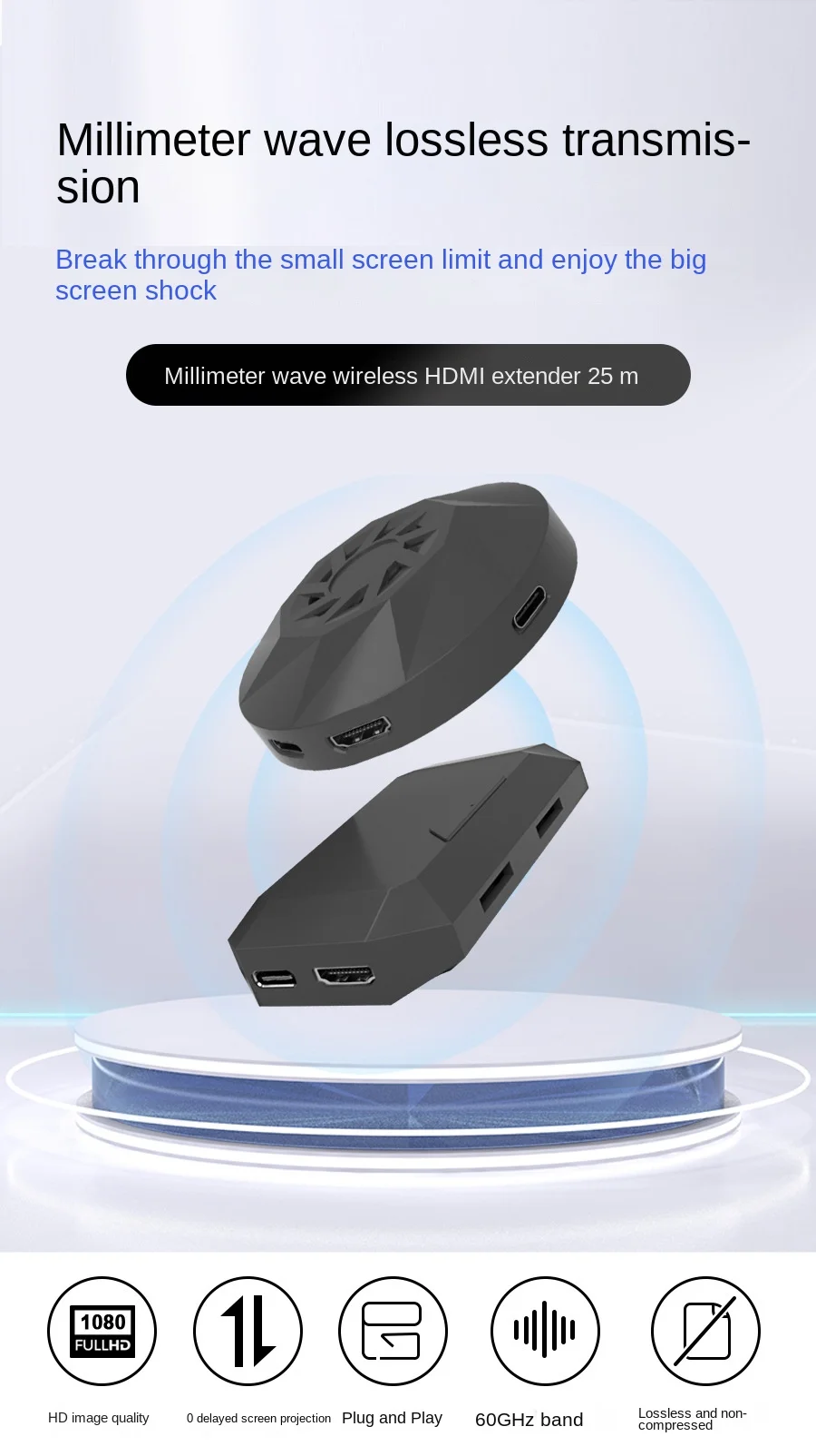 

Wireless HDMI Transmitter 60GHz Millimeter Wave Same Screen Device with Zero Delay and No Latency for High Definition Transfer