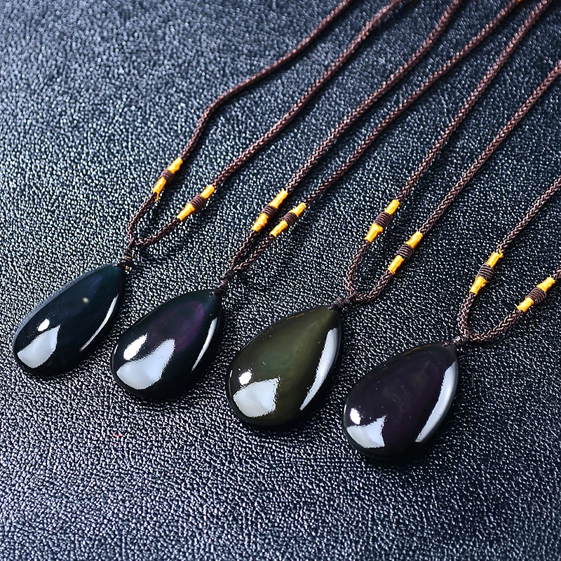 Natural Stone Pendant Black Obsidian Rainbow Eye Bead Droplet jewelry Stone Pendant Necklaces Transfer Lucky Love Jewelry Gifts