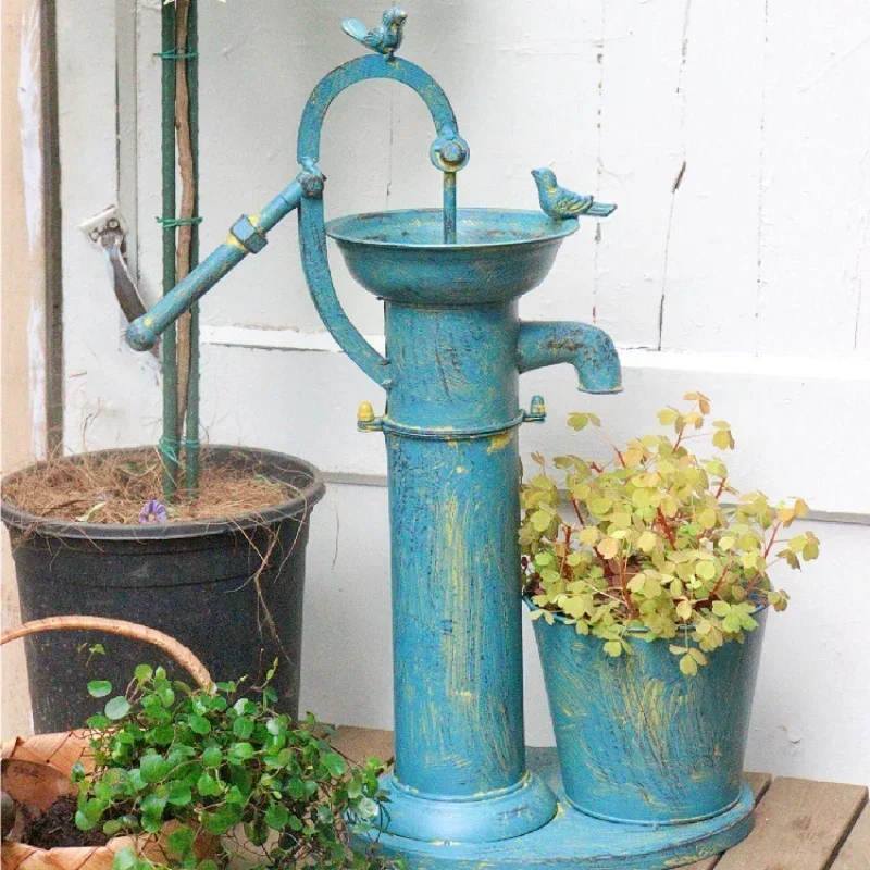 

Antique Blue Water Hand Pump Flower Pot Metal Barrel Planter Bird Feeder for Garden and Balcony Courtyard Decoration