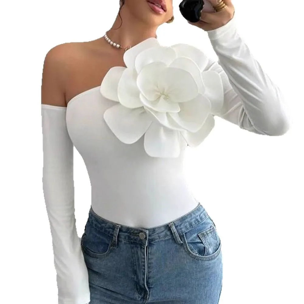 Dameskleding Nieuwe driedimensionale bloemdecoratie Off-shoulder topblouse met lange mouwen T-shirts