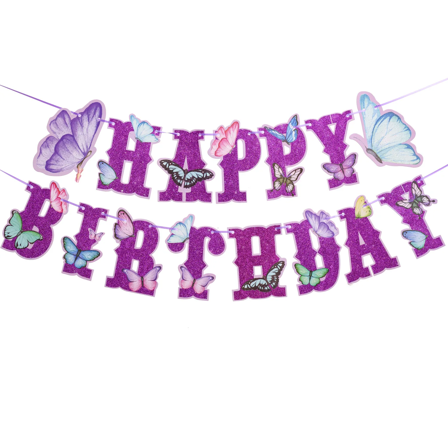 Banner de cumpleaños de mariposa en polvo de oro púrpura, accesorios de decoración para fiesta, bandera de tracción para Festival en inglés, estilo mariposa, feliz cumpleaños
