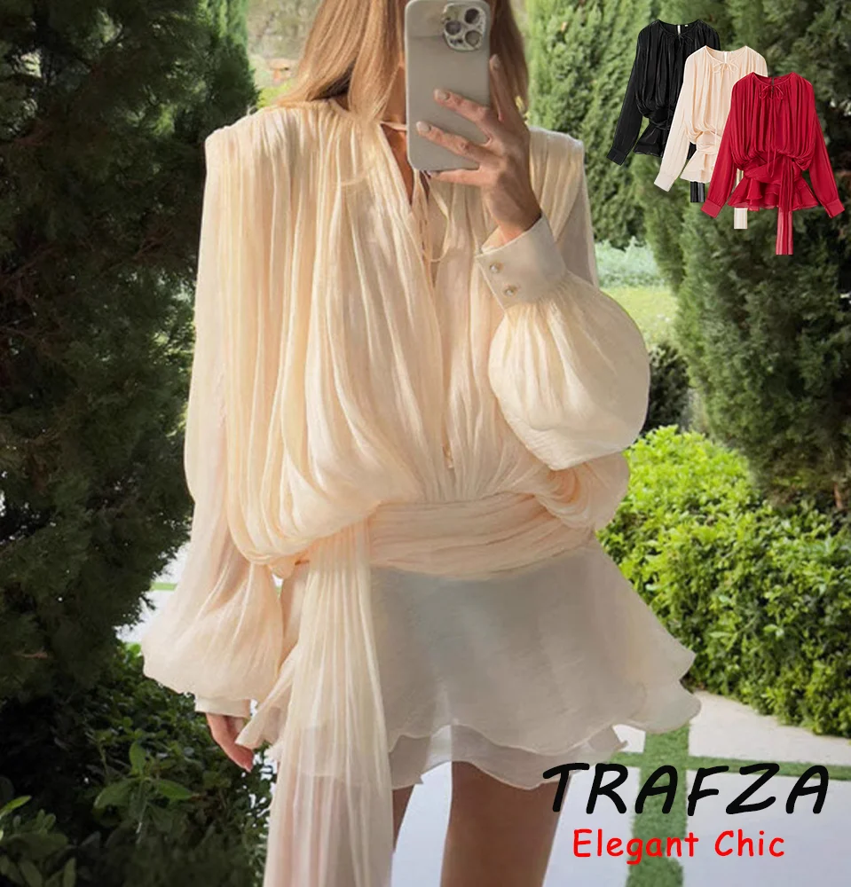 

TRAFZA Elegant Chic Shiny Short Dress Women's Waist Knot Long Sleeve Dress 2025 Spring Summer Fashion Holiday Dating Lady Dress