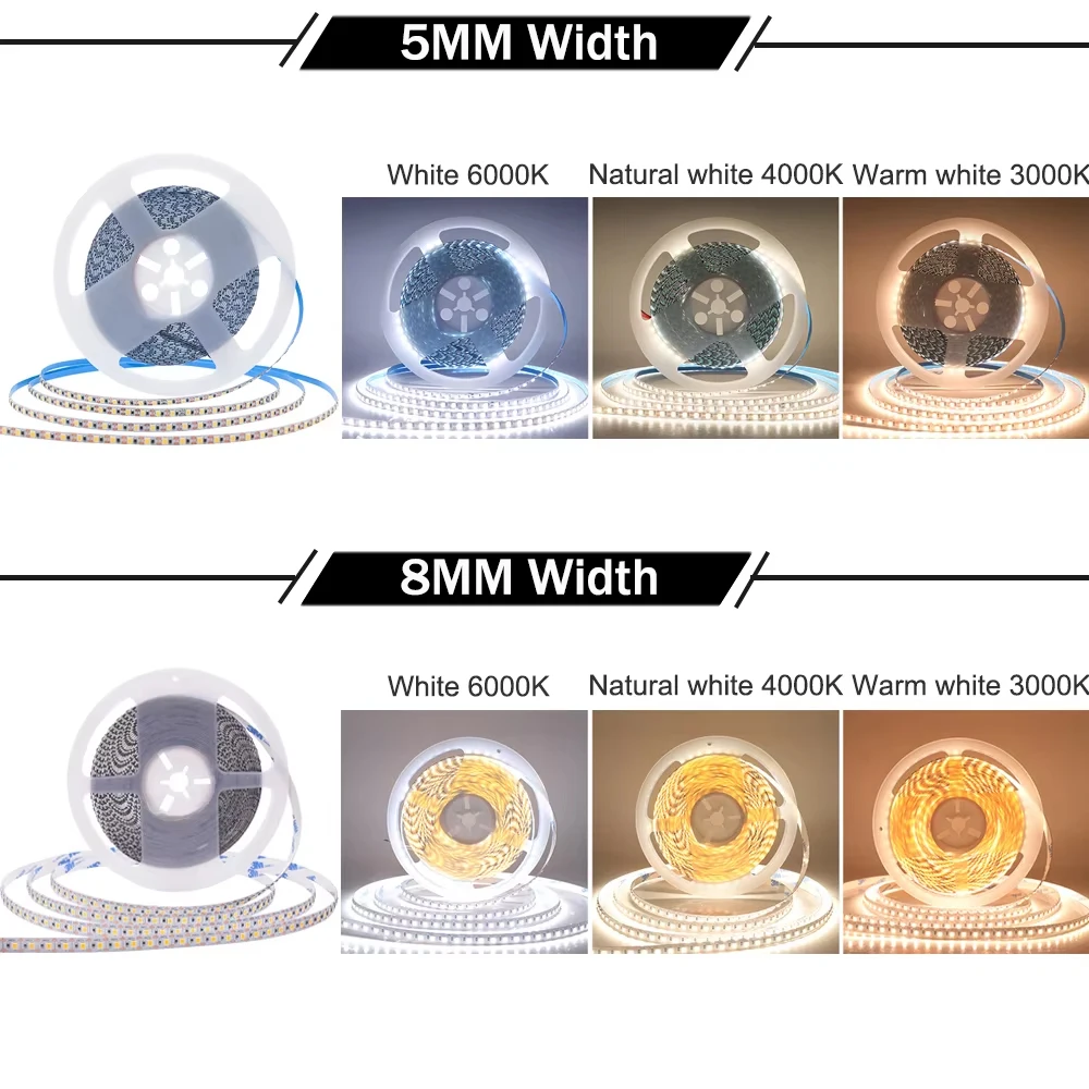 10M LED Strip Light 5mm 8mm Flexible Led Tape Ribbon 1LED Can Be Cut 24V 2835 120LEDs/M Rope Light with Adhesive