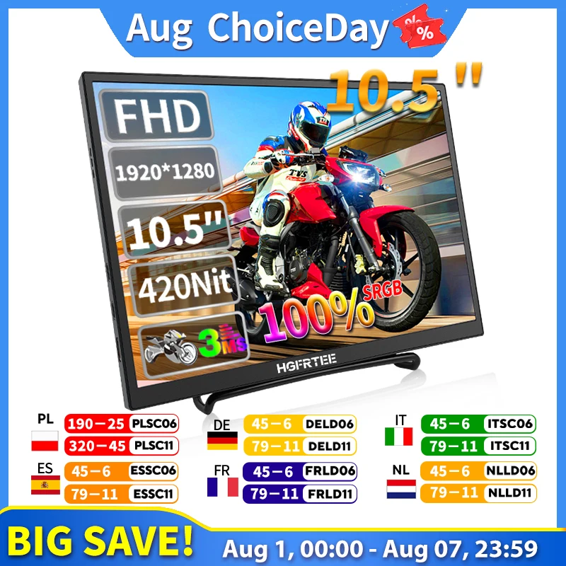 HGFRTEE 10.5 inch Portable Monitor 420Cd/m  FHD 1280P 100% SRGB Laptop Second Screen For Mac Xbox PS4/5 Switch