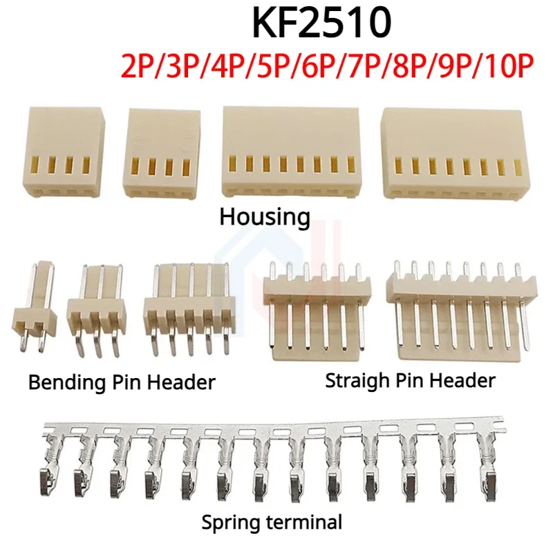 

10 SetS/Lot KF2510 Kits Connector2.54mm Pitch 2/3/4/5/6/7/8/9/10P Bending/Straigh Pin Header+Housing+spring terminal