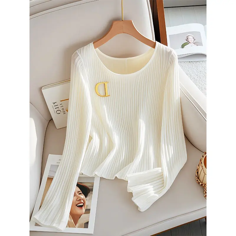 Ice Silk Knitted T-shirts for Women in Early Autumn Lightweight and Breathable Korean Style Chic Long Sleeved Tops for Summer