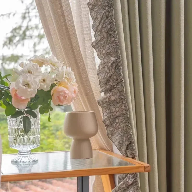 Customized Pastoral Cream Jacquard Linen Patchwork Curtains For Living Room Bedroom French Window Balcony Finished Products