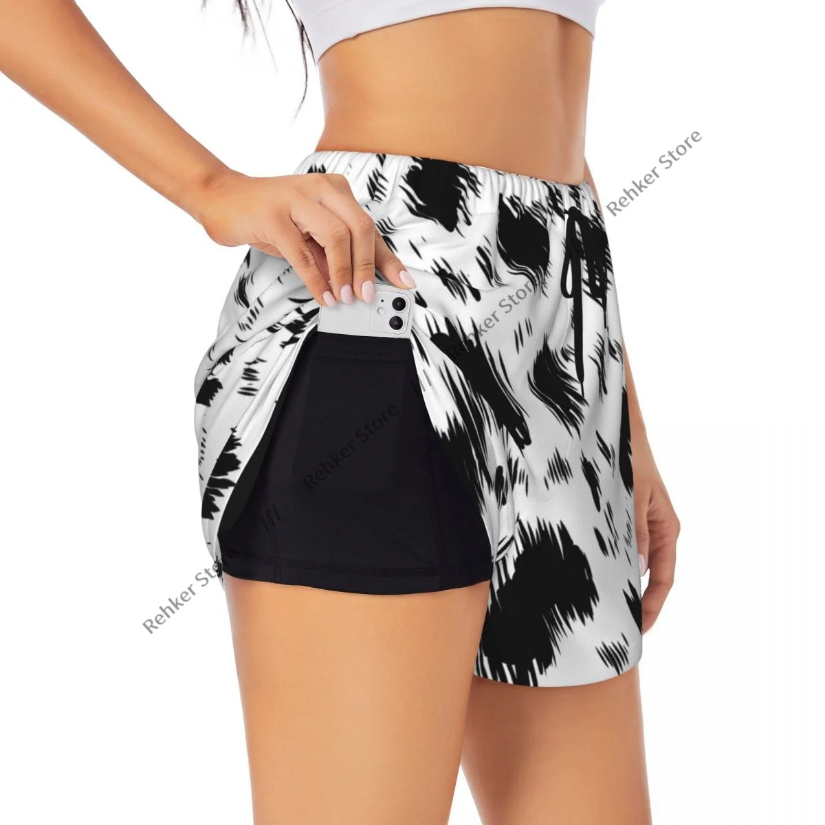 Calções esportivos femininos dálmata animal impressão correndo yoga fitness treinamento de badminton de secagem rápida com bolso