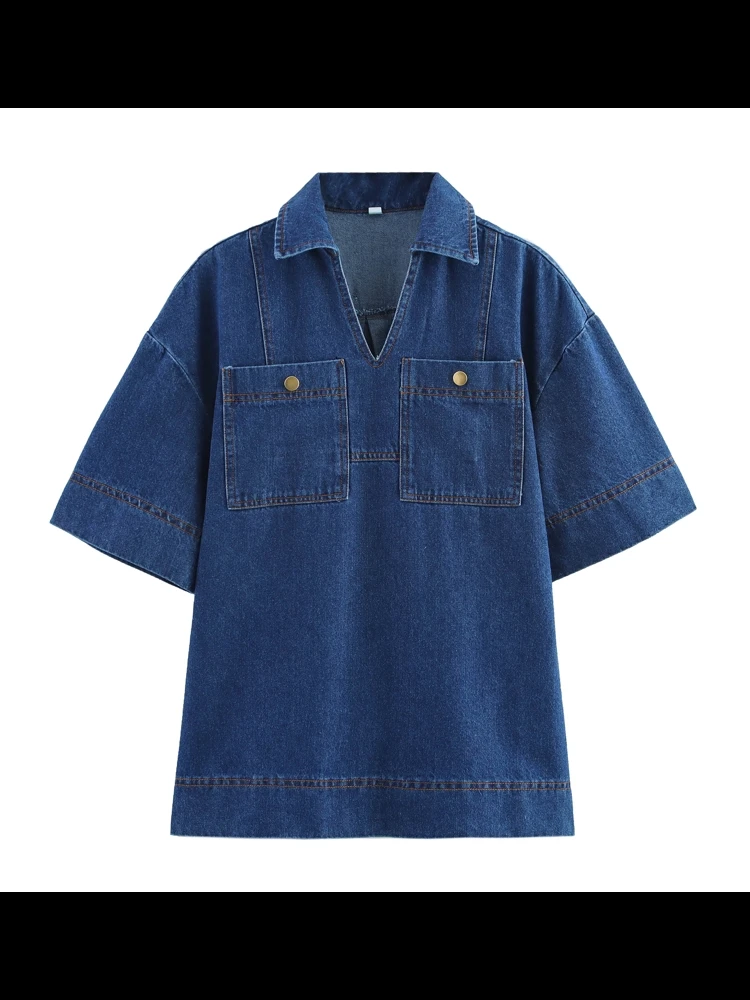 

OUROPEAN ZTATION 2025 Spring Lady Commuting Button Denim Polo Shirt Blouses Vintage Female Short Sleeve Pullover Polo Collar Top