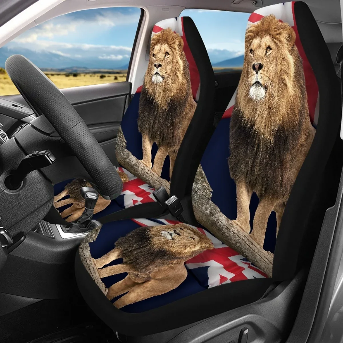 Car Seat Covers British 3D Lion Pattern Universal Set of 4 Front and Rear Vehicle Seat Cover Interior Accessories Easy to Clean