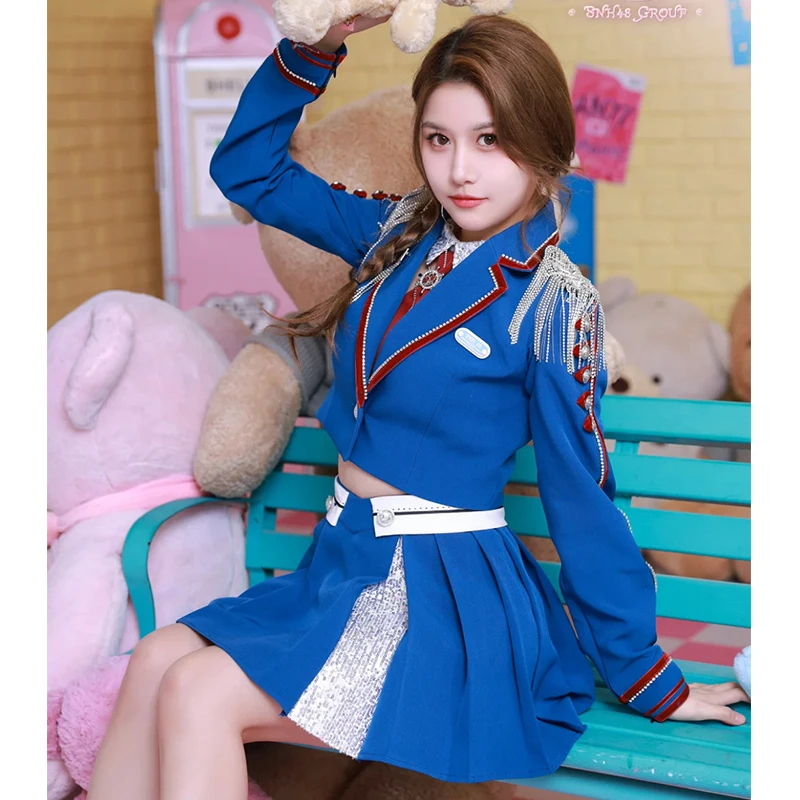 2024 Jazz Dance Performance Costume Women Blue JK Outfits Cheerleading Dance Clothes Kpop Y2K Stage Wear Grou Idol Suit JL5968