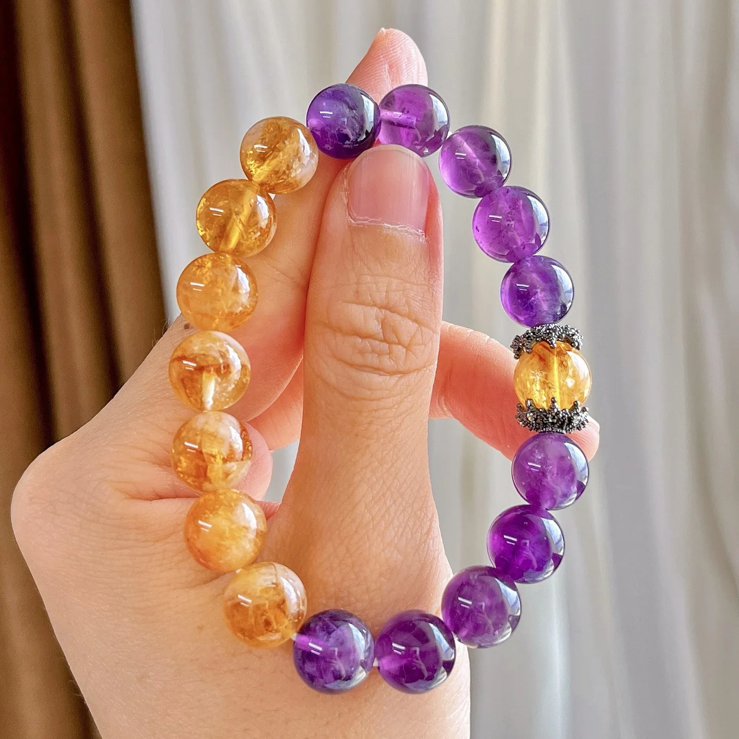 Healing Citrine & Amethyst Bracelet, 10mm Natural Caramel Golden & Purple Crystal, Vintage Style Hand Chain for Daily Wear