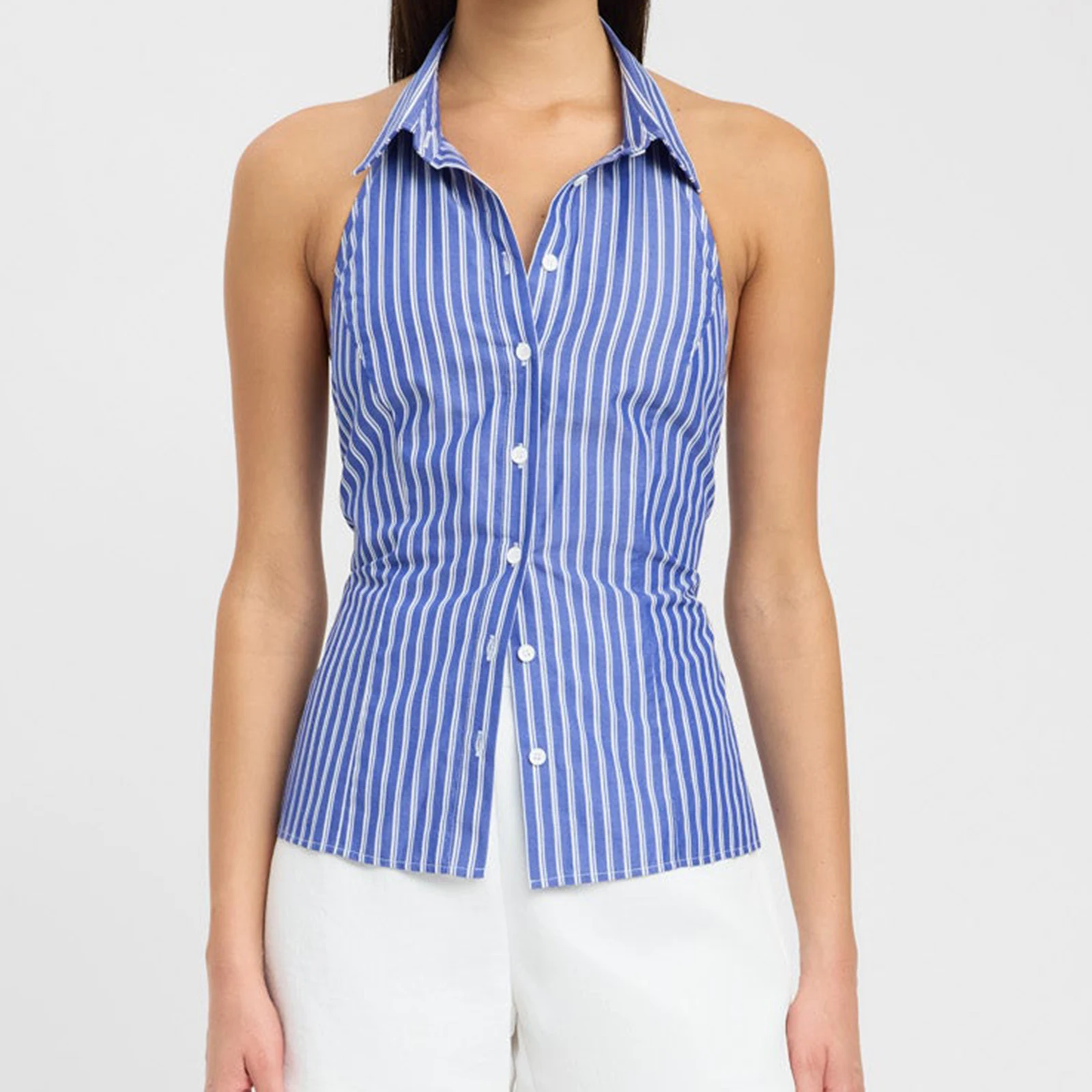 

Classic Women's Button Down Shirt Casual Stylish Solid/Striped Turn Down Collar Sleeveless Halterneck Tank Tops for Summer