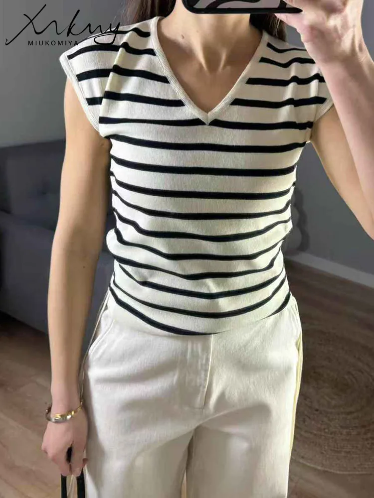 Ice Silk Sleeveless Knitted Tshirts For Women Summer V Neck Drawstring Tie Up Crop Tops Slim T-shirts Ladies Top Tees Summer