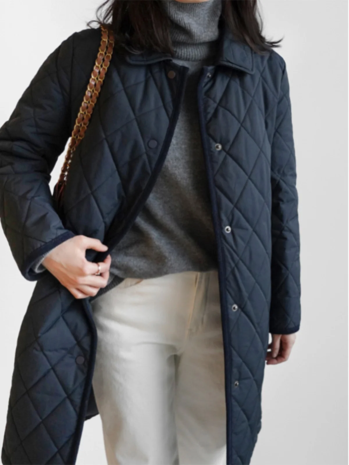 Retro Diamond Pattern Cotton Shirt Women's Mid-Length Warmth Outerwear Long Sleeve  Collar Button Detail Black Coat