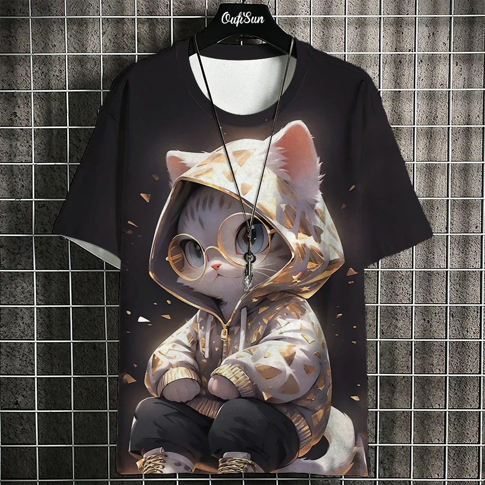 Men\'s T-Shirt Animation Style Cat With Hoodie Glasses Pattern 3D Printing Tees Short Sleeve T-shirts Oversized Men Clothing Tops