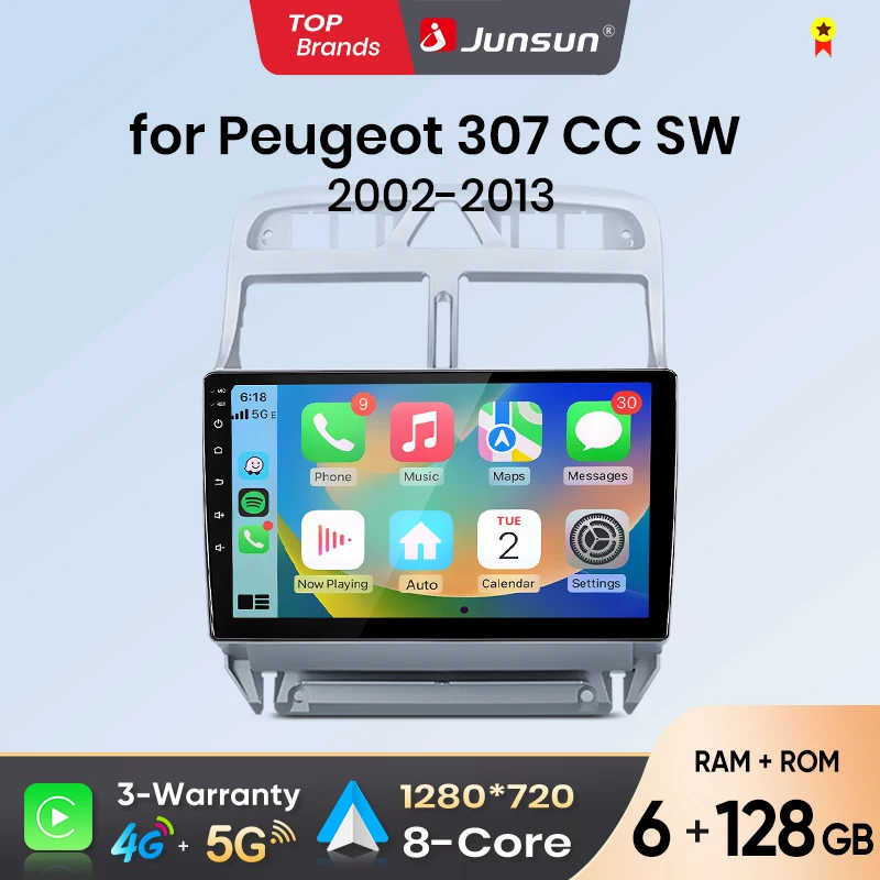 Junsun Android Auto Car Radio For Peugeot 307 307CC 307SW 2002 2003 2004 2005 2006-2013 Multimedia Wireless Apple CarPlay Smart Intelligent Systems IPS Touch Screen Stereo Video Player 2 Din Autoradio Head Unit Navigation BT GPS 4G WIFI FM AM DSP RDS SWC