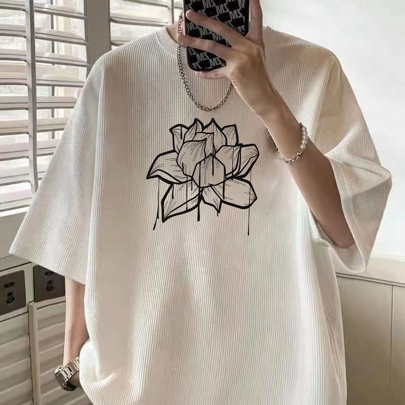 

Cotton Summer Waffle Plaid Lotus Print Short Sleeve Men O Neck T Shirt Teenager Vintage Fashion Harajuku Oversized Top Tee Black