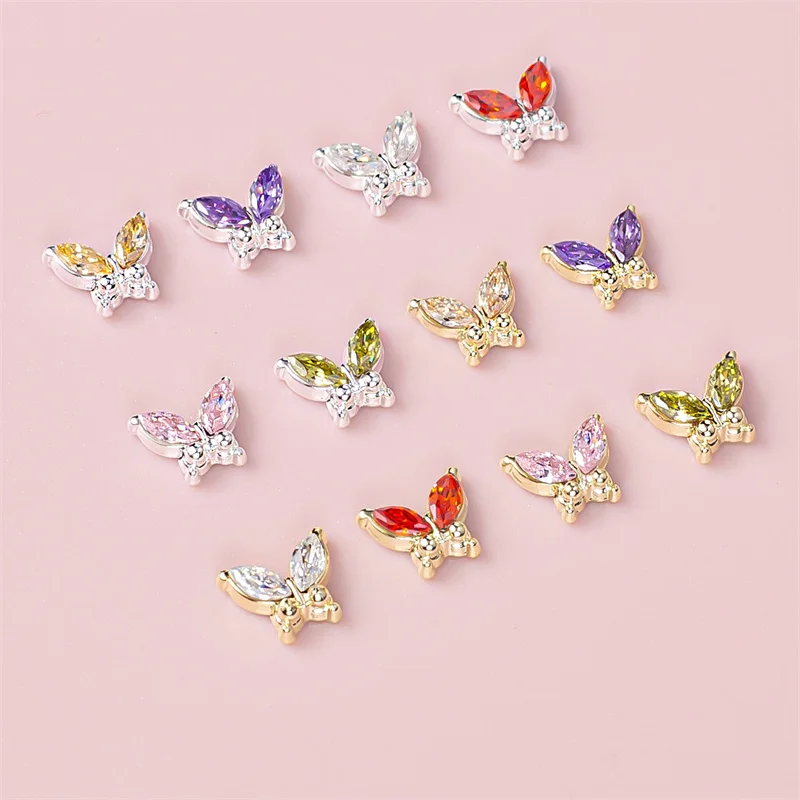 10 pçs/lote liga arte do prego encantos forma de borboleta pedra gemas acessórios da arte do prego ornamentos de metal jóias para manicure peças do prego