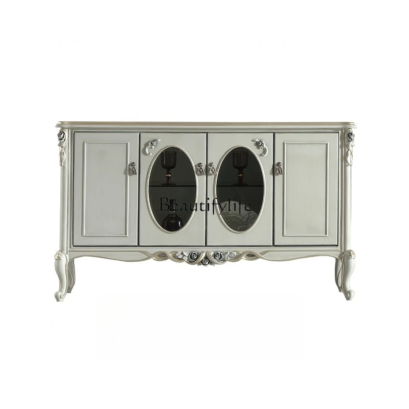 

French light luxury solid wood carving flower dining side cabinet European retro glass wine cabinet