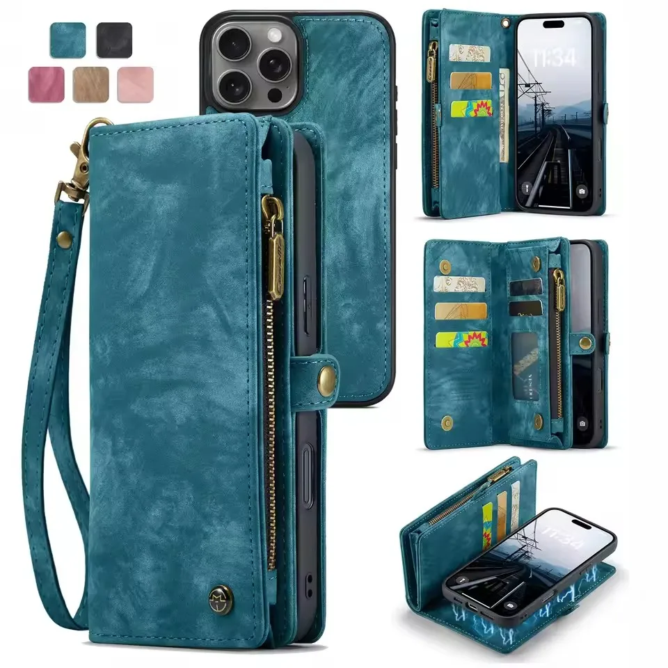 

Кожаный чехол-кошелек CaseMe для iPhone 17, 16E, 15, 14, 11, 12, 13, 16 Pro Max, съемный чехол-кошелек для iPhone 16 17 Pro Max 16 Plus