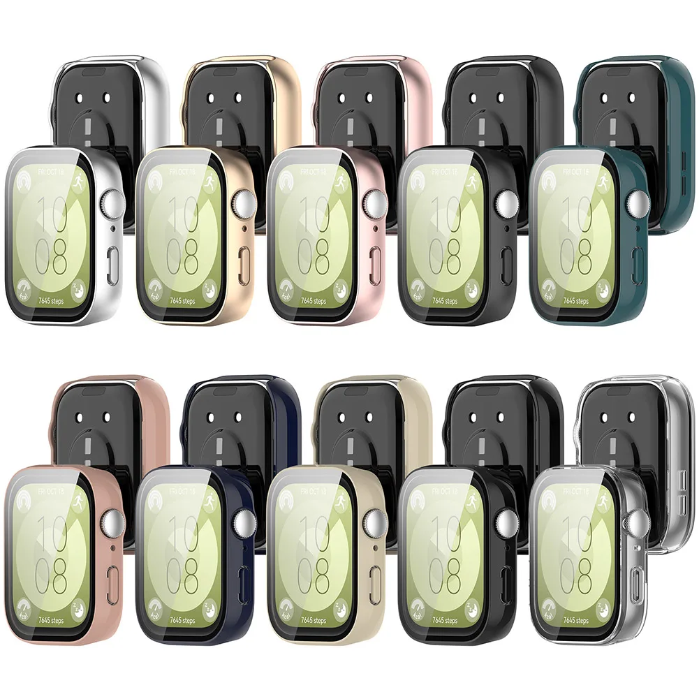 Etui na zegarek PC z hartowanym szkłem, osłoną ekranu chroniącą przed kurzem i pełną ramką ochronną do Huawei Watch Fit3